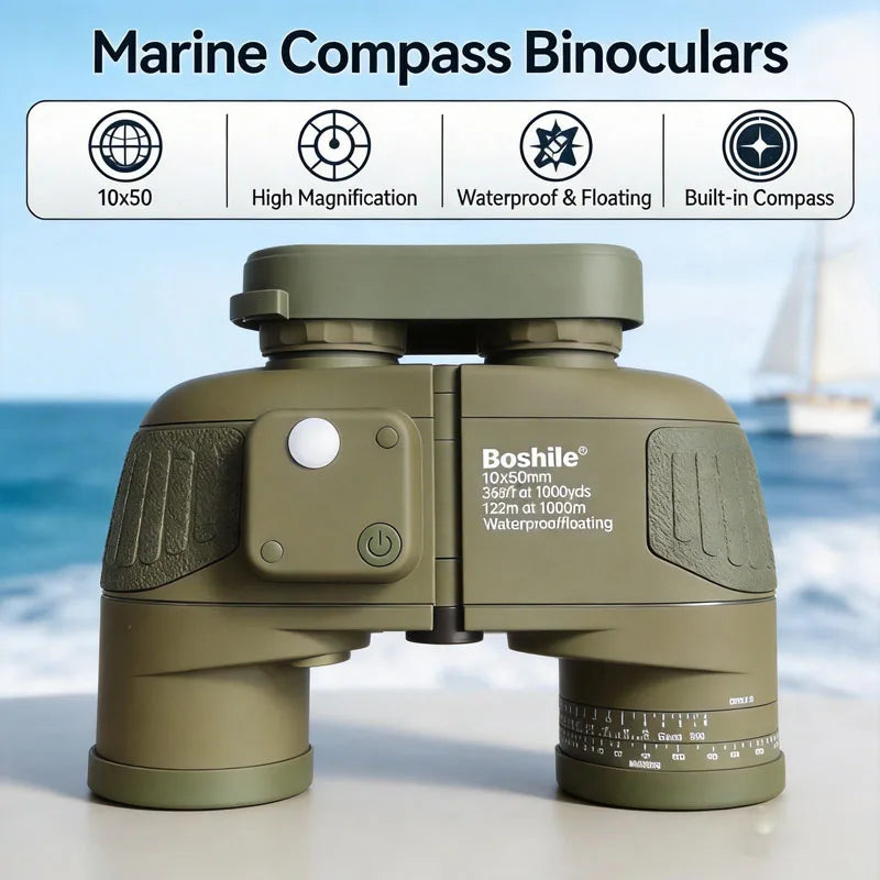 Binoculars Boshile 10x50 Navigation Built-in Compass Telescope Waterproof Hunting Camping Hiking Fully Multi Coated Lens BAK4