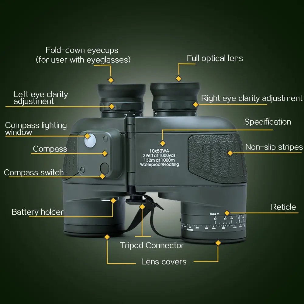 Binoculars Boshile 10x50 Navigation Built-in Compass Telescope Waterproof Hunting Camping Hiking Fully Multi Coated Lens BAK4